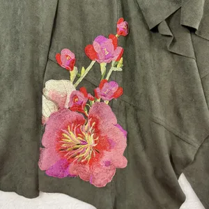 V Christina M Medium Cardigan Jacket Faux Suede Moss Green Floral‎ Embroidered thumbnail 4
