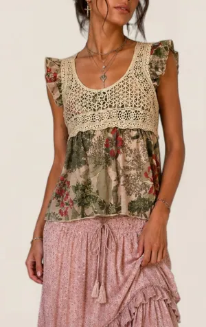 Chaser Boho Crochet layered Tropical Tee | Festival Hippie Mixed Media Top small thumbnail 1