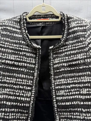 Alice + Olivia Luci Black Gray White Silver Metallic Tweed Jacket Blazer Large thumbnail 4