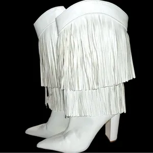 White super cute urban cowgirl style double fringed heeled boots! thumbnail 3