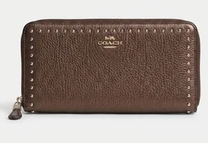 Coach Metallic Studded Pebbled Leather Accordion Zip Around Continental Wallet thumbnail 1