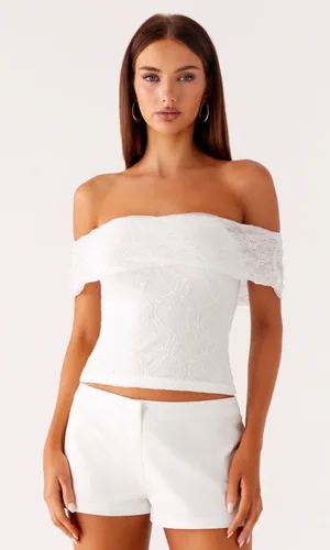 Peppermayo white lace off the shoulder crop top with textured floral embroidery thumbnail 1