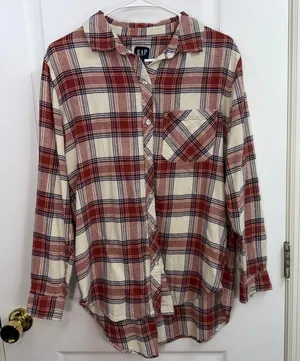GAP pink orange plaid button down‎ long sleeve collared flannel shirt casual M thumbnail 1