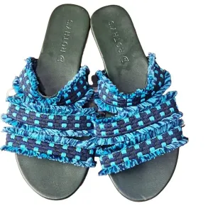 Rothy's Womens Blue Fringe Triple Fabric Strap Slide On Flat Sandals‎ 6 thumbnail 1