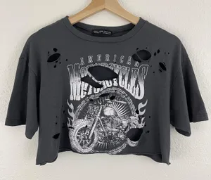 Rock Rose Couture Dark Grey American Motorcycles Distressed Cropped Graphic Tee thumbnail 1