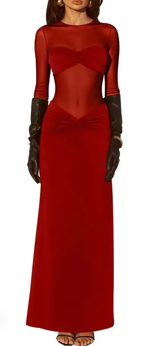 Elegant Red Long-Sleeve Sheer Panel Evening Dress thumbnail 1