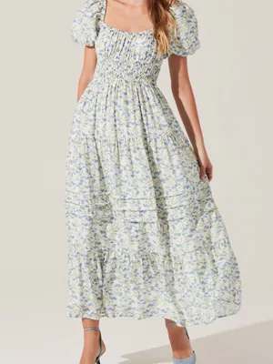 Astr Floral Smocked Maxi Dress in Light Blue and Cream thumbnail 4