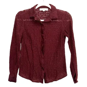 LOFT Burgundy‎ Lace Button Up Blouse XS Sheer Long Sleeve Feminine Top thumbnail 2