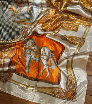 VINTAGE Equestrian ivory/ORANGE Horses&Tassels Print silky Scarf 35’/35’ thumbnail 12