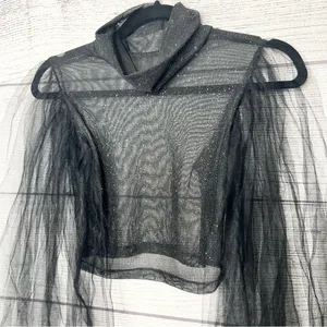 Sheer Black Sparkle Mesh Long Tulle Sleeve Crop Top Size Small thumbnail 3