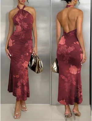 Amazon GORGLITTER Women's Open Backless Bodycon Graduation Maxi Dresses 2025 Ruch Halter Neck Sleeveless Ribbed Prom Dress thumbnail 2