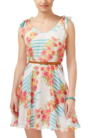 NWT City Studio Belted Floral-Print Fit & Flare Dress 3810-0025 Blue Multi 1 thumbnail 1