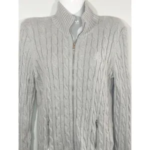 Lauren Ralph Lauren Light‎ Gray Cable Knit Zip Up Sweater Womens MED CabinCore thumbnail 4