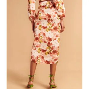 Abercrombie‎ & Fitch Womens Floral Ruched Satin Side Slit Midi Skirt Orange thumbnail 7