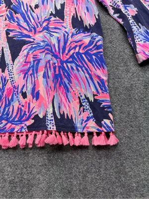 Lilly Pulitzer WomansLarge Tassel Hem Tropical Print Navy & Pink 1/4 sleeves thumbnail 2
