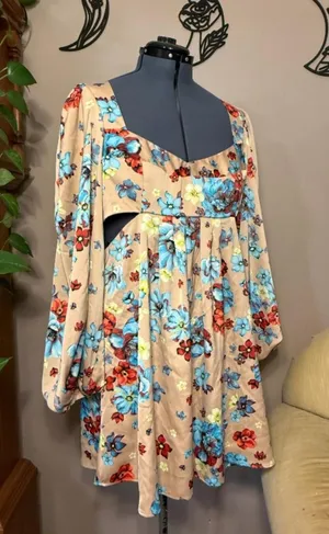AFRM Beige Floral Long Sleeve Mini Dress with Blue & Red Blooms New w/o Tags thumbnail 1