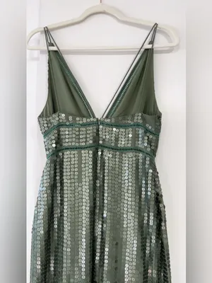 ASOS Olive Green Sequin Maxi Dress Deep V Front Slit Glam Evening Gown US 6 thumbnail 5