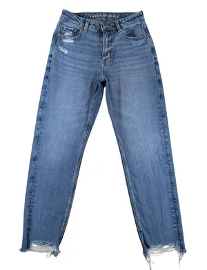 American Eagle Mom Jean Strigid Medium Wash Distressed‎ Raw Hem Womens 2 Short thumbnail 1