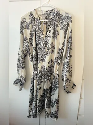 Satin Toile Floral Print Long Sleeve Mini Dress with Belt NWT medium thumbnail 3
