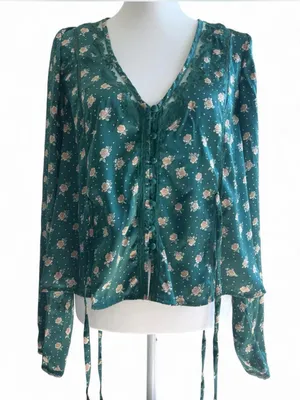 Free People Green Floral Lace Trim Button Front Blouse Size M thumbnail 2