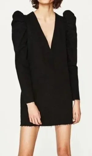 ZARA Denim Puff Shoulder‎ Mini Dress Sz XS thumbnail 1