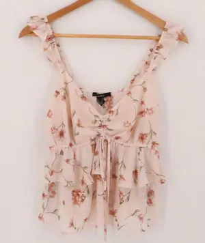 Floral Ruffle Milkmaid‎ Babydoll Top Womens Size S Pink Coquette Fiary Chiffon thumbnail 1
