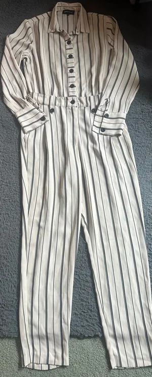 Astrid Black Label Cream and Black Stripped Jumpsuit Size Small thumbnail 1