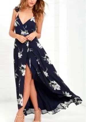 NWT Lulus All Mine Navy Blue‎ Floral Print High-Low Wrap Dress SMALL thumbnail 1