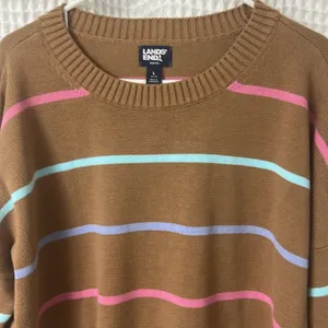 Lands End Women's Drifter Easy Fit Sweater Honey Beige Multi Stripe Large Cotton thumbnail 5