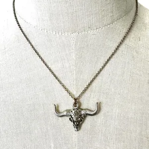Freedom silver tone bull head cow skull pendant necklace thumbnail 2