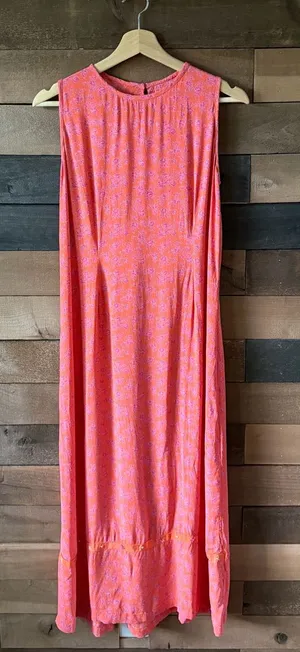 Vintage Floral Maxi Dress Coral Pink Sleeveless Tie Back Boho Medium thumbnail 1