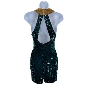 VTG 100% Silk Green Sequin Keyhole‎ Cocktail Dress Open Back Gold Bead Neck 2 thumbnail 3