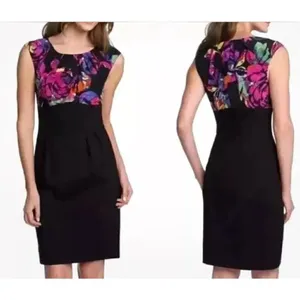 Trina Turk Black Multicolor Floral Print Cap Sleeve Silk Sheath Dress Size 8 thumbnail 2