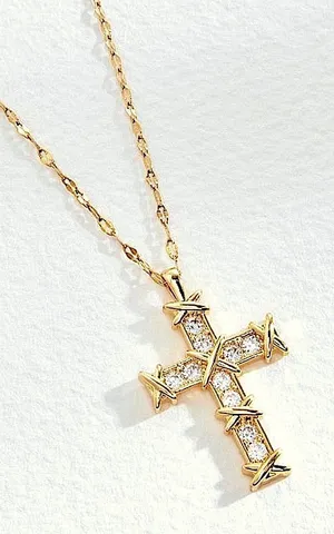 NEW Unisex 18k Gold Filled Plated Simulated‎ Diamond Cross Necklace, 16-18” thumbnail 1