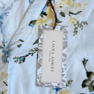 Laura Ashley Linen Blend Floral Midi Dress White Blue Yellow Button Front Size S thumbnail 3