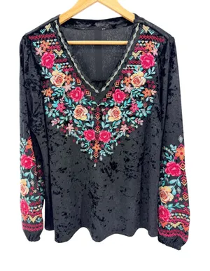 Black Crushed Velvet Floral Embroidered V-Neck Blouse Large Boho Peasant‎ Folk thumbnail 1