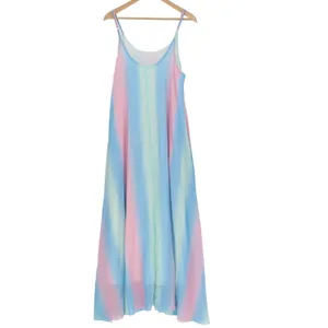 Womens Maxi A Line Dress Multicolor Pastel Ombre Rainbow Print Spaghetti Strap thumbnail 2