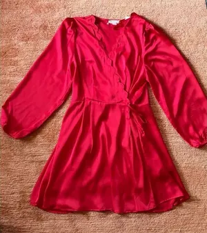ChicSoul 2X Red Satin Scallop Faux Wrap Dress Long Sleeve Plus thumbnail 1