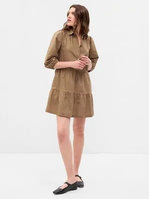 Gap NWT $80 Khaki Tiered Puff Sleeve Button Front Mini Babydoll Shirt Dress XSP thumbnail 2