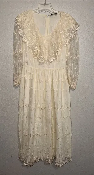 vintage 1980s cream lace midi dress romantic, Victoriana-inspired aesthetic thumbnail 1