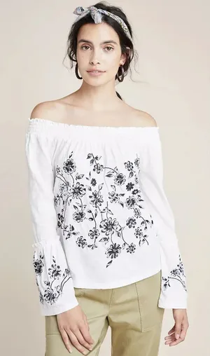 Anthropologie Annie‎ Top Embroidered Off The Shoulder Blouse White Size Large thumbnail 1