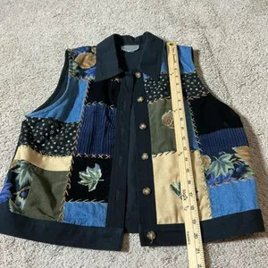 VTG Stonebridge Patchwork Embroidered Leaf Button Front Vest Black‎ Blue 16N33 Size L thumbnail 6