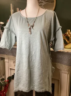 Umgee USA Womens Sage Green‎ Slub Knit Fringe Trim Tunic Top B0012 Size Small thumbnail 1