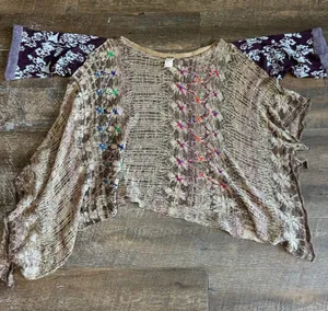 Free People Fressia Pullover Sweater Boho Tunic Mixed Knit Embroidered M/L thumbnail 1