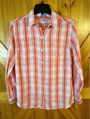 Tommy Bahama Women’s Orange Plaid Linen Long Sleeve Button Up Shirt Size XS (668 thumbnail 1