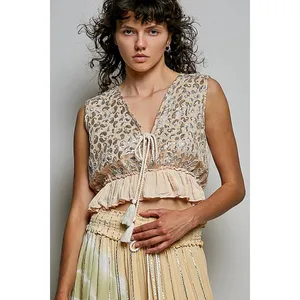 POL Shimmer Pattern Deep V Tie Front Tassel Ruffle‎ Hem Sleeveless Crop Top - M thumbnail 4