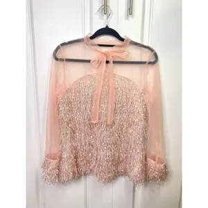 Blush Pink Contrast Mesh Tie Neck Shaggy Fringe Blouse thumbnail 6
