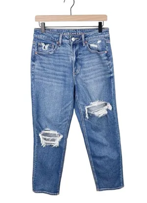 American Eagle Stretch Mom Straight Jean Cool Torn Blue Wash Denim Womens Size 6 thumbnail 2
