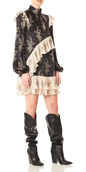 AMUR Devin Silk Ruffle‎ Mini Dress Floral High Neck Size 2 Black Prairie Cottage thumbnail 1