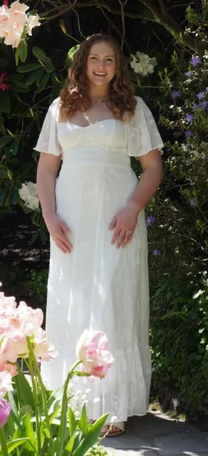 White Floral Maxi Dress w Sheer Short Sleeves Sweetheart Neckline Lace up back thumbnail 5